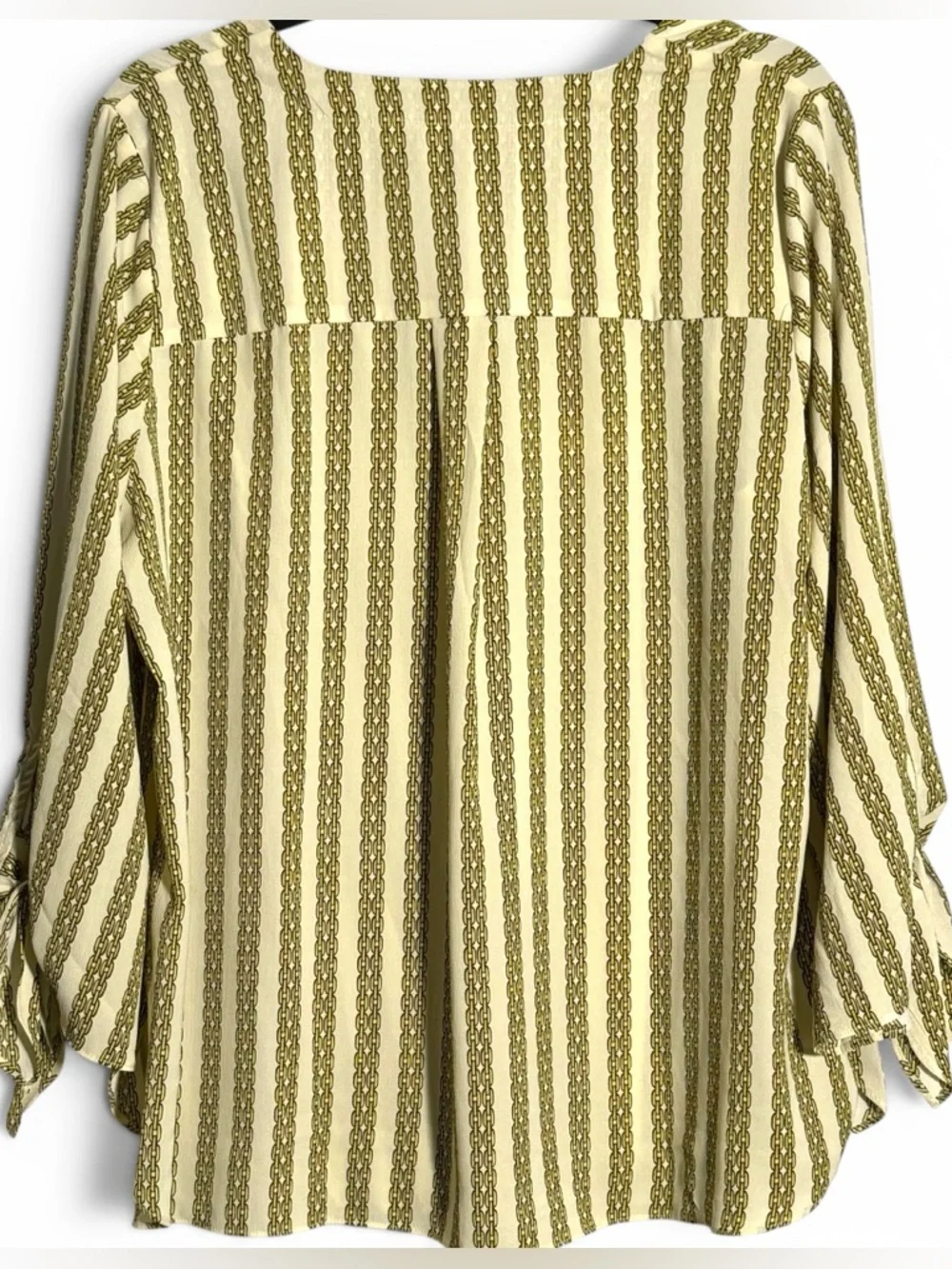 Michael Kors Chain Print Blouse 1X Gold Cream Tie Sleeve V Neck Top - Picture 7 of 9